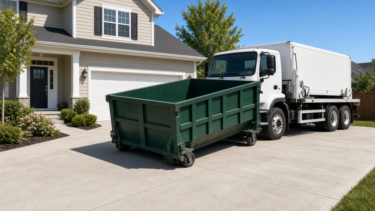 Roll-off dumpster by a driveway, not a photo of this company